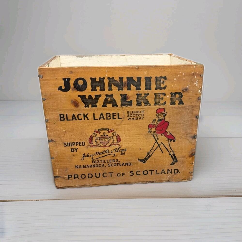 Johnnie Walker Red Label Scotch Whiskey Wooden Box Crate Liquor 1960's Striding